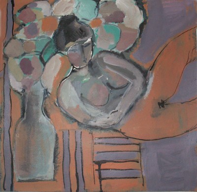 Femme au bouquet de fleurs acrylique et encre sur papier 35cmx 35cm année 2007.jpg