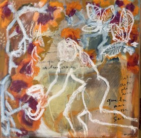 L’immortalité  Huile sur toile  80 x 80 cm                    Ce tableau figure un homme recueillant du Nectar; ce  mot grec nectar est un composé  poétique ancien indo-européen de nek- « mort » -tar « surmontant » de la racine indo-européenne *tere- « traverser, surmonter ». Cette boisson associée à l’Ambroisie, permettait aux Dieux de l’Olympe d’atteindre l’Immortalité.  « Atteindre l’immortalité est peut-être le désir le plus ancien et le plus universel de l’humanité. L’un des plus vieux mythes qui nous soient parvenus, l’Épopée de Gilgamesh, traite déjà d’une quête d’immortalité. S’y lit, évidemment, le négatif de l’angoisse la plus profonde, celle de la mort elle-même, certitude la plus ancrée et la plus insaisissable de l’existence humaine ». Hannah Arendt.