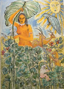 La carte postale 140 x 100 cm Cette peinture a été créée dans le cadre de l’exposition des Indépendants Plasticiens de Bordeaux à la Salle Capitulaire de Mably en Février 2024, sur le thème, « Envie d’ailleurs"    Après un certain temps de réflexion, ma décision fut prise, mon tableau serait une carte, une simple carte postale, juste un peu plus grande que la moyenne. J’avais besoin simplement d’un escabeau (car je suis petite) et d’un timbre.     Mon envie d’ailleurs apparut peu à peu. Les sujets s’imposèrent, sous le pinceau gorgé d’encre de chine, dont je me sers pour réaliser mes esquisses.     Curieusement, point de désert de sable, point de désert salé, comme ceux du Lac abbé ou du Lac Assal, point de monstres marins guettant leurs proies dans le golfe du Ghoubbet, point de ces superbes coraux qui déchirent les chairs, point de rires et de danses avec Aïcha, Khalid, Fozia ou Ahmed… non, non, rien de tout cela !       Tout d’abord se dressa fièrement une jeune femme au buste dénudé et à la chevelure finement tressée ; Elle chantait d’une voix gutturale un « Guux », évoquant la mélancolie du nomade ; Lui faisait écho, un soleil, apparu, peu après, en haut à droite du tableau. Les plantes, sans que je n’y prenne garde, couvrirent le bas de la toile ; elles venaient probablement de l’Oued d’OBOCK. Quant aux animaux, je n’eus pas mon mot à dire, sortis de nulle part, ils se positionnèrent à leur guise ; Je remarquais seulement l’absence des hyènes tachetées ou rayées et celle des vautours, qui m’étaient si familiers        Que dire de la mise en huile des couleurs ? j’ai bien essayé de les rompre, rien n’y faisait, le jaune restait trop jaune et le bleu trop bleu, l’orange ? N’en parlons pas ! Et la chlorophylle des végétaux ? Ah!…., trop! oui, tout claquait beaucoup trop dans le souffle brûlant du Khamsin et dans mon souvenir.  